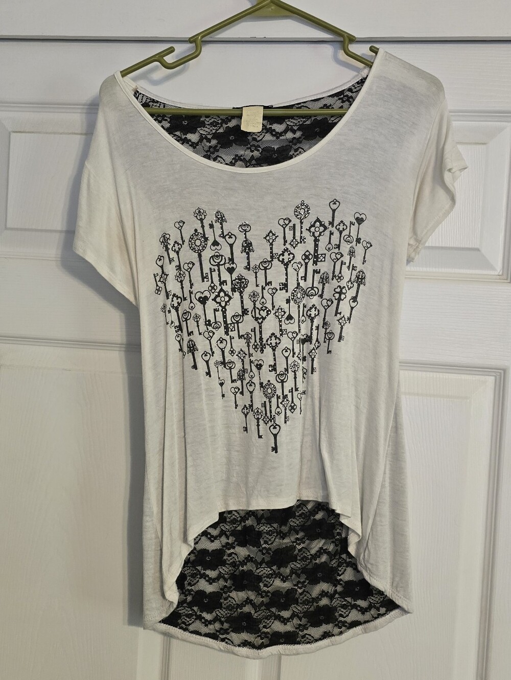 Women’s White Short Sleeve High-Low Top with Black Lace Back